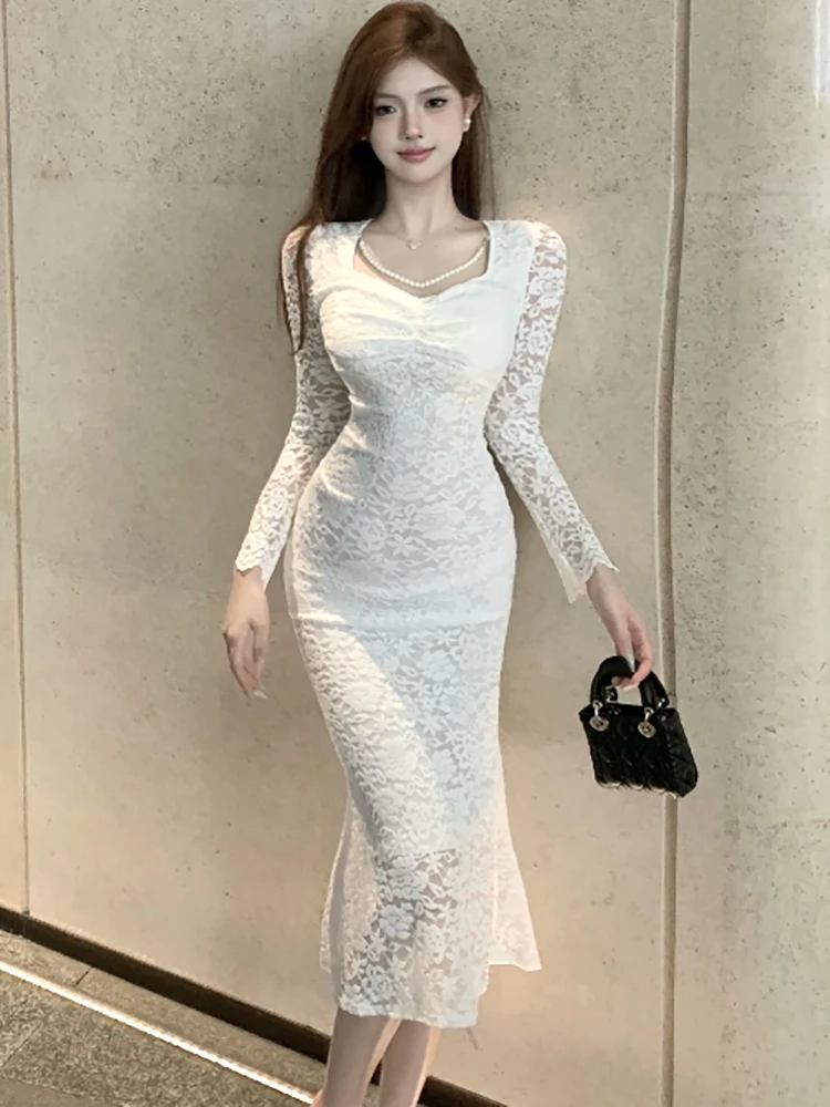 

2025 White Lace Chic Beading Square Collar Long Dress Women Elegant Luxury Mermaid Dress Autumn Winter Korean Bodycon Prom Dress