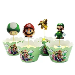 Super Mario Cupcake Toppers para crianças, festa de aniversário, desenhos animados Mario, bandeira do bolo, decoração para meninos, 24pcs por conjunto