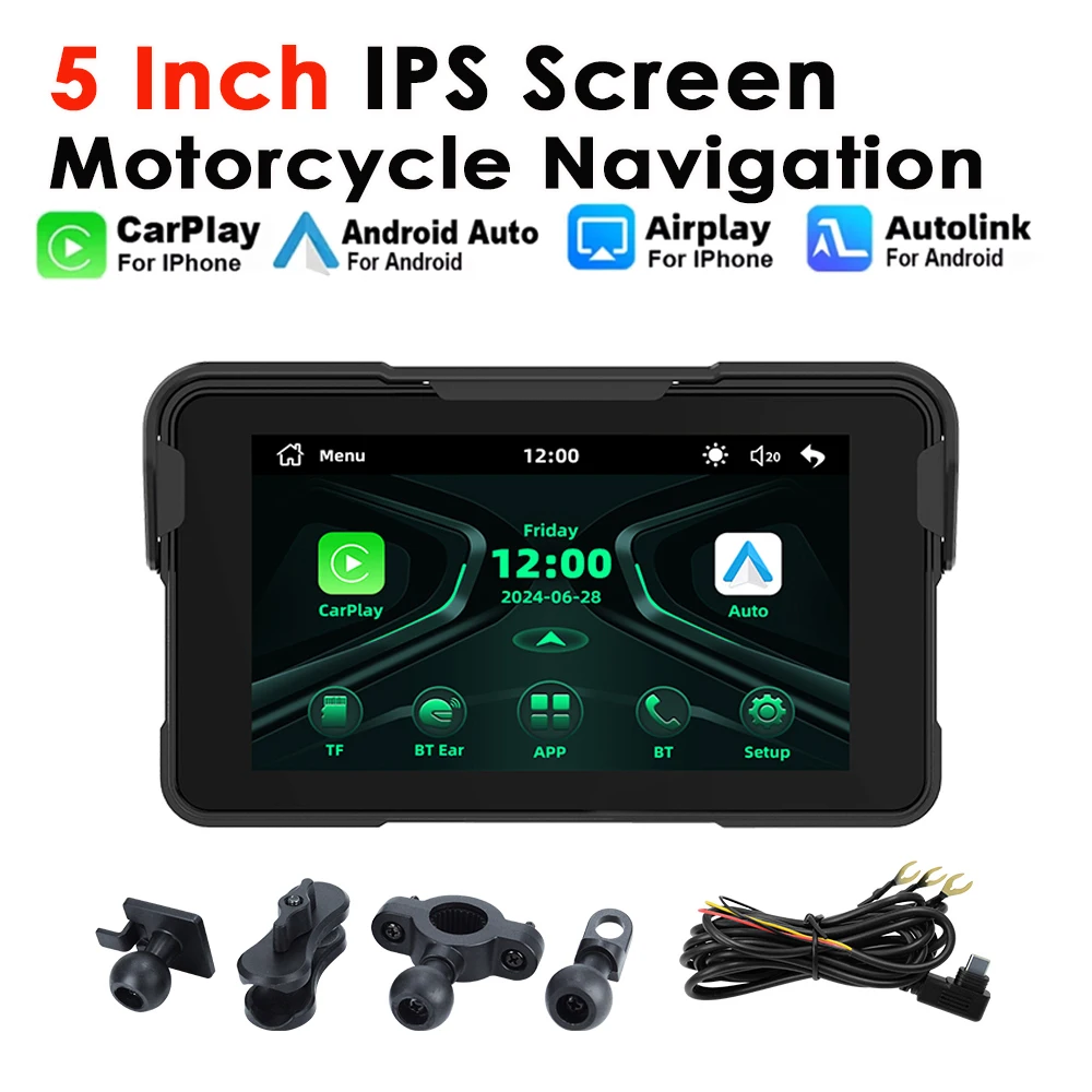 شاشة عرض ملاحة رقمية للدراجات النارية مقاس 5 بوصات، شاشة عرض لاسلكية CarPlay Moto Android Auto Dashboard BT5.0 مقاومة للماء #1