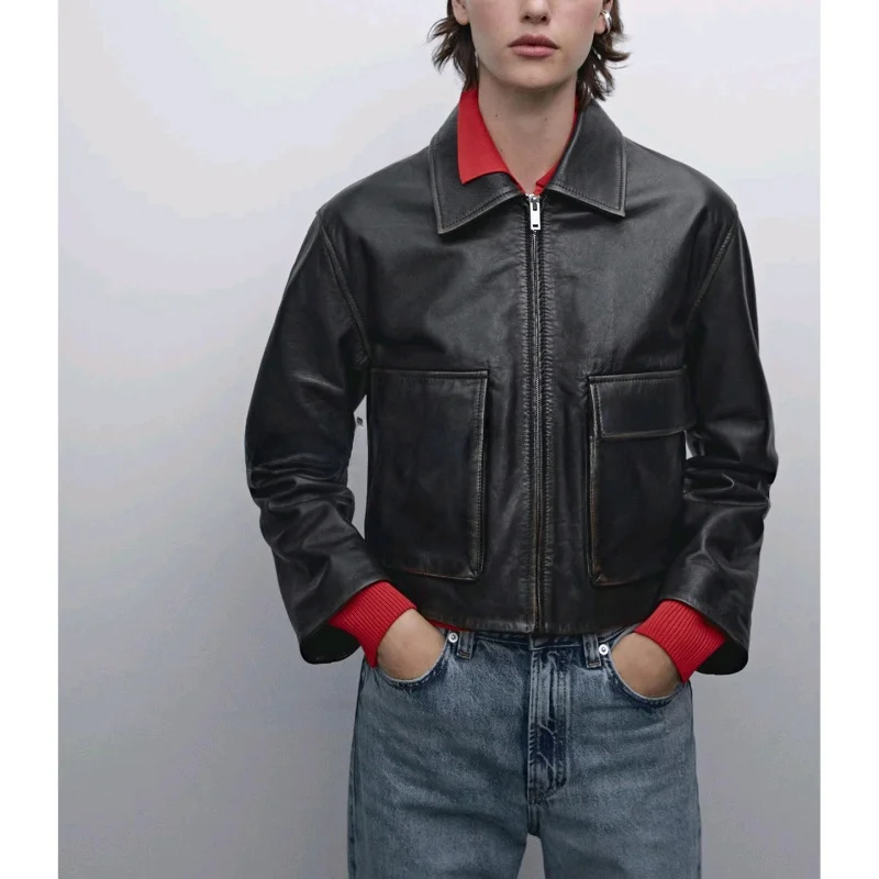 Damska kurtka jesienna z imitacji skóry PU, luźny krój, ozdobna, idealna do dojazdów do pracy.