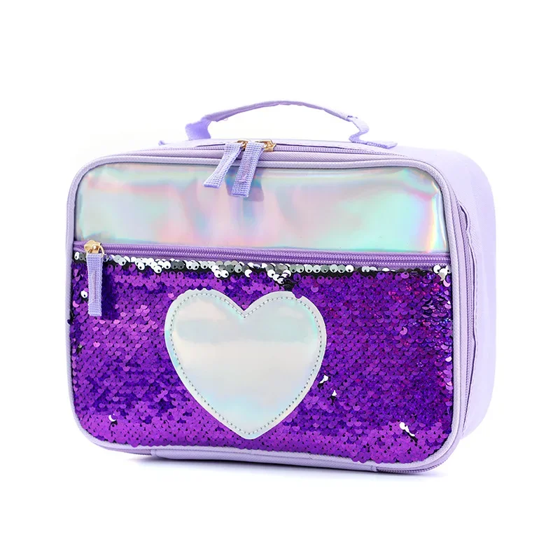 High Quality Fashion Waterproof Reverse Sequin Insulated Kids Girls Boy Lunch Box Glitter Tote Bag Cooler Picnic Pouch for Food