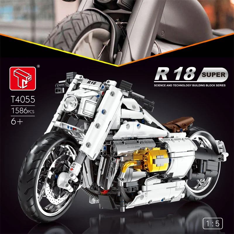 New T4055 1586pcs Technical 1:5 R18 Motorcycle Building Blocks Bricks Model Assembling Toys for Children Birthday Gift Set