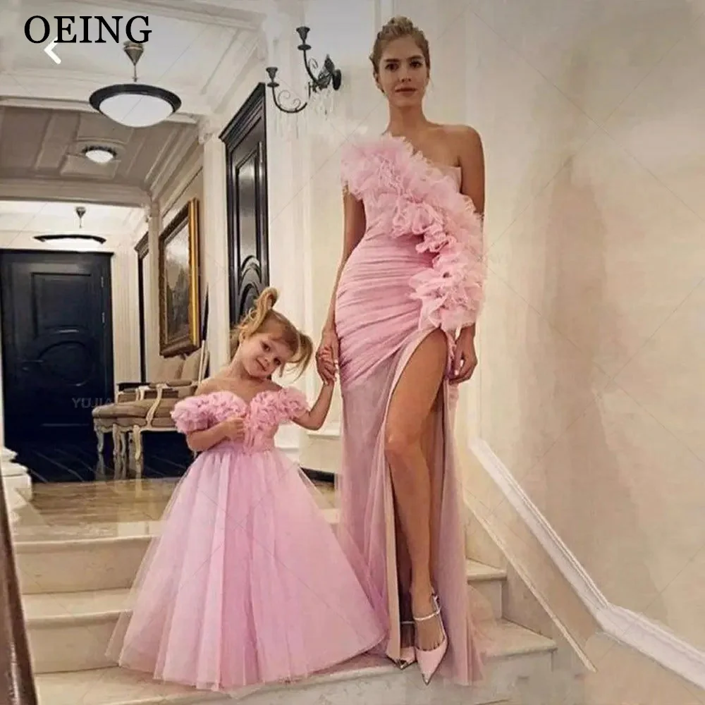 OEING Baby Pink Mother And Daughter Prom Dress Elegant One Shoulder Ruffles Tulle A-line Mom And Kids Gowns To Brithday Party