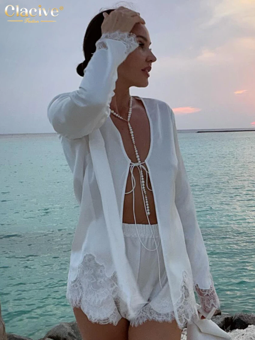 Clacive Fashion Loose White Lace Spliced Women 2-Piece Sets Sexy Long Sleeve Shirt With High Waist Shorts Set Female Streetwear