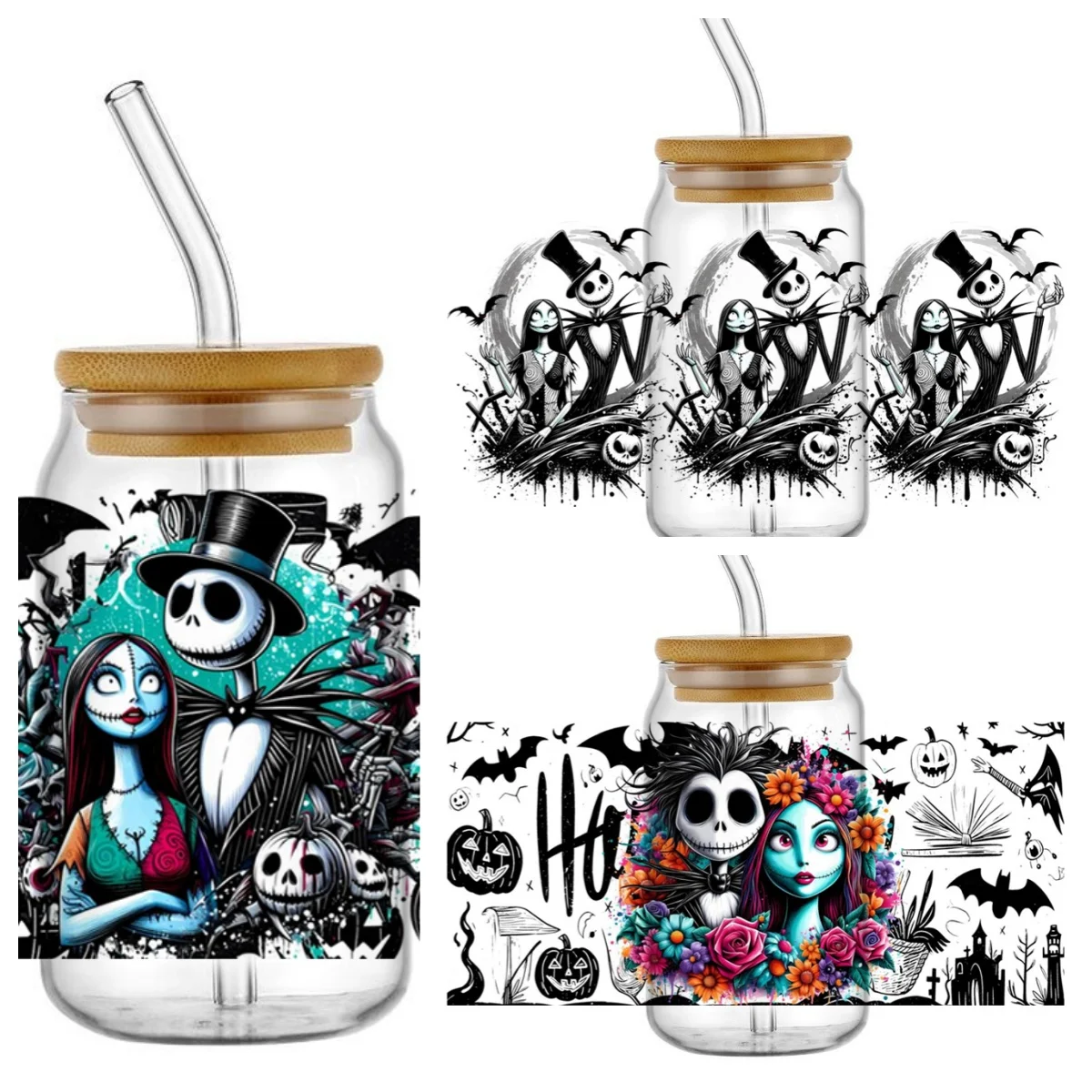 Pegatinas de transferencia UV DTF de Halloween con diseño de pareja de esqueletos Jack y Sally, impermeables, para vasos de 16 oz, para vasos Libbey