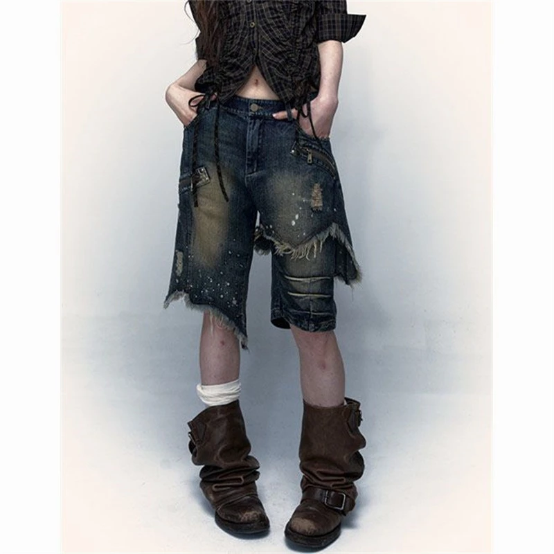 

Women's Asymmetric Splicing Design A-line Summer Denim Shorts Young Girl High Waisted Bottoms Female Wide-leg Knee Length Pants