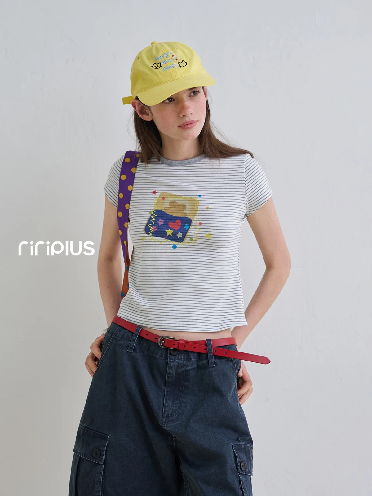 

Riverstone plus Cute Bear Print Striped Short Sleeve Slim Fit Base Shirt Women's Versatile T-shirt Breathable Cotton Polyeste...