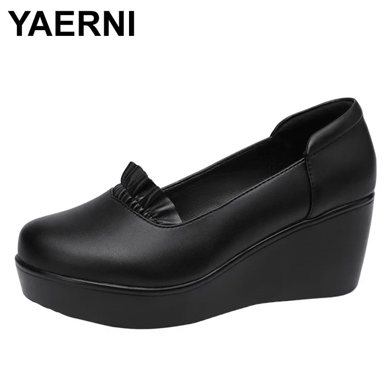 YAERNI Round head middle ages women shoes wedge heel office shoes women high heels platform ladies heels