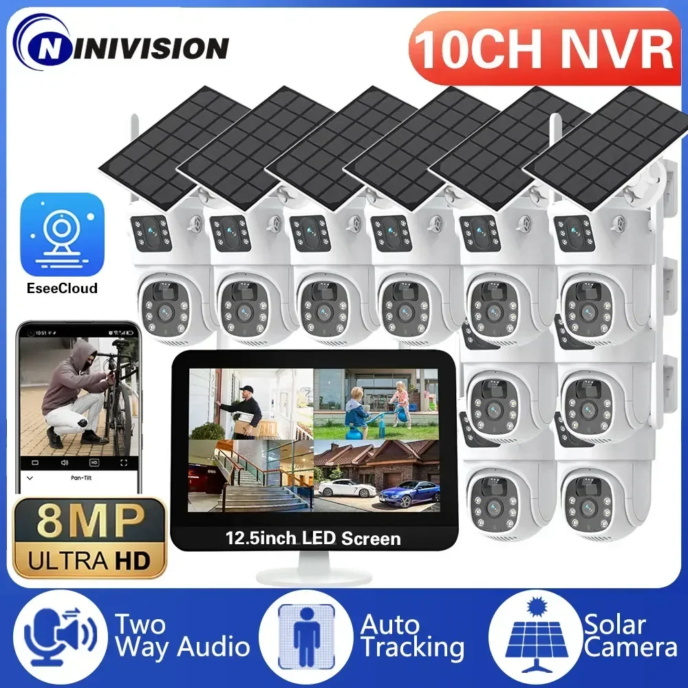 

8MP Dual Lens Solar Security 10CH Wifi 12.5"Monitor NVR Wireless PTZ Security Camera System Auto Track CCTV Surveillance Set HDD