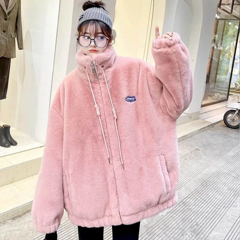 Plush Coats for Women Stand Collar Long Sleeved Casual Vintage Jackets Solid Oversized Fluffy Winter Clothes Women Fashion Coats