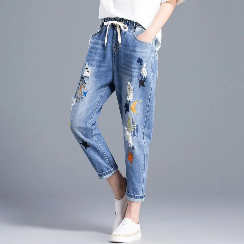 Famous brand jeans Vintage Hole star Embroidery Ankle-length Denim Jeans Female Casual Loose Harem Pant Trousers Cloth