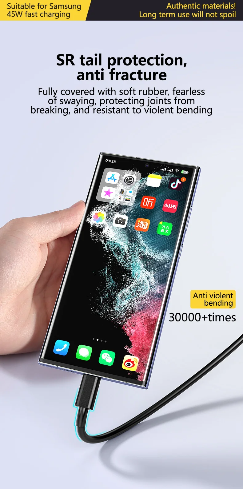Original PD Cable For Samsung S22 S21 S20 FE S23 Ultra 45W Super Fast Charging A52 A53 A54 5G Note 20 Uitra 25W USB Type C Cable