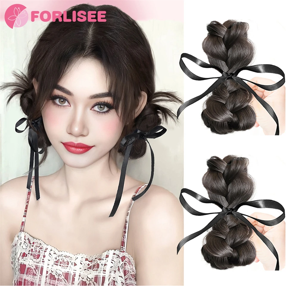 

FORLISEE Synthetic Chignon Claw Clip in Hair Piece Twist Hair Extension Bow Ribbon Wavy Curly Hair Bun Hairpieces For Women