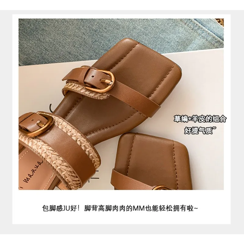 Sandal Wanita Vintage dengan Tali Anyaman dan Gesper, Model Open Toe Wedges, Sandal Musim Panas Wanita Terbaru dengan Hak Tinggi dan Ujung Persegi