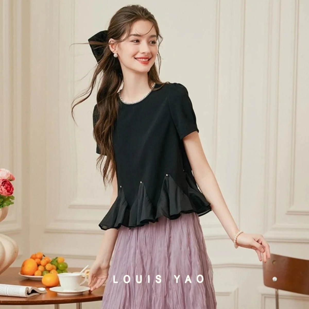 

LOUIS YAO Patchwork Women's Blouses 2025 Summer Neckline Bead Chain Lotus Women top Leaf Hem Slim Short Sleeve Shirt