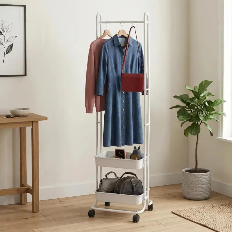 Simple Metal Double-layer Hanger with Wheels Multifunctional Storage Rack Standing Living Room