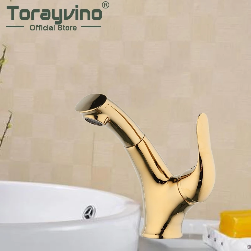 

Torayvino Pull Out Gold Faucet Bathroom Deck Mounted Tap Brass Spray Single Handle Faucets Hot & Cold Mixer Water Taps