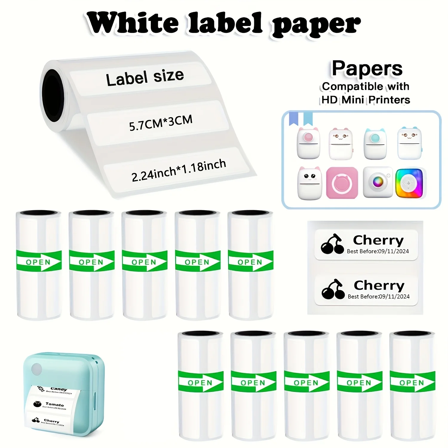 

5 рулонов мини-термоэтикеток 57x30 мм/15 мм — белая нелипкая лента, подходит для портативных мини-термопринтеров, для организации дома/офиса