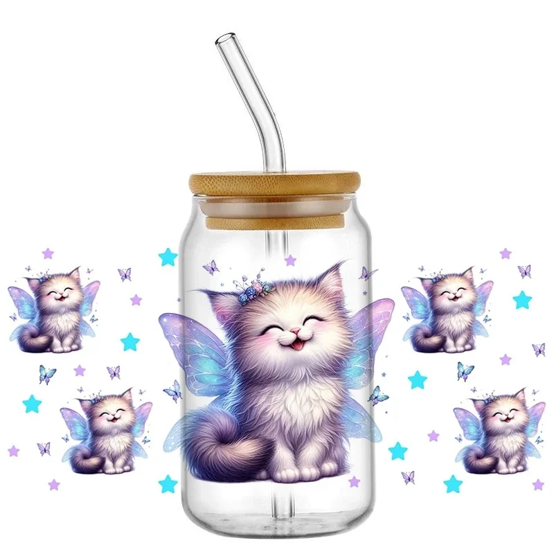 Cartoon Butterfly Kitten UV DTF Transfer Cup Wraps Scratch‑Resistant Easy‑Apply Stickers for 16oz Glass Jar DIY Cup Decor
