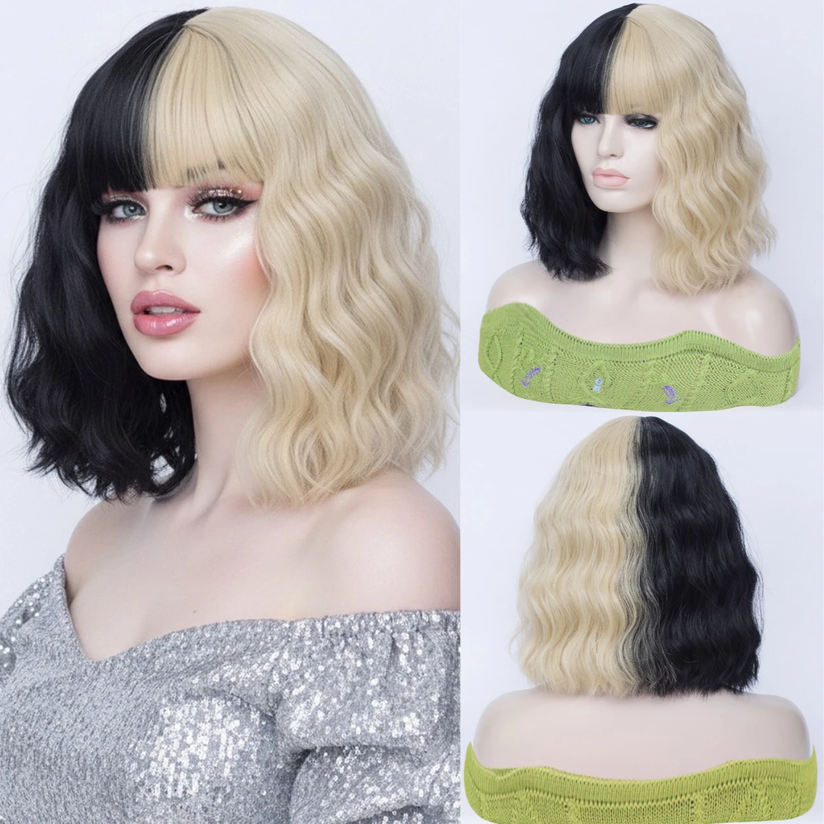 

Synthetic Short Curly Half Black Mixed Blonde Split Color Bob Wig with Bangs for Women Lolita Cosplay Party Heat Resistant