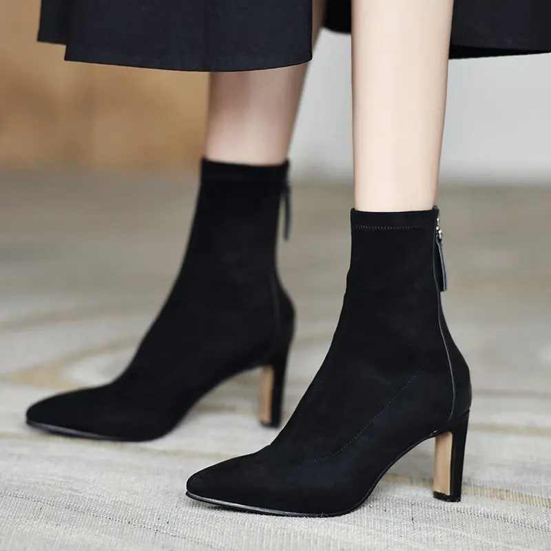 High Heel Boots Women\'s 2024 New Korean Style Autumn and Winter Mid Heel Stretch Thin Boots Pointed Toe Sock Boots Women