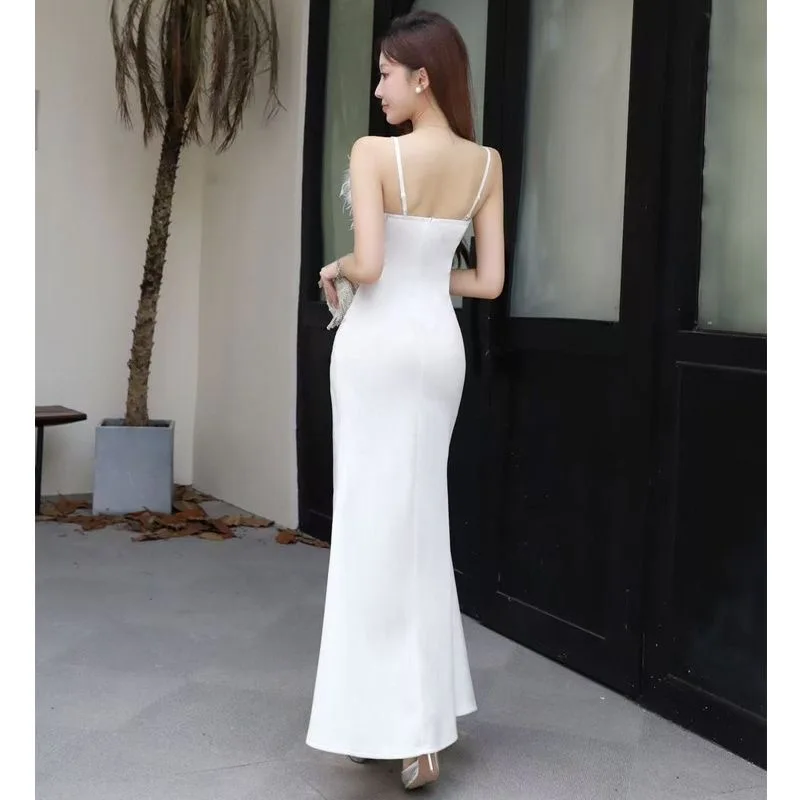 Hot sale 95 socialite temperament tube top feather female slim high-end sexy suspender dress evening dress