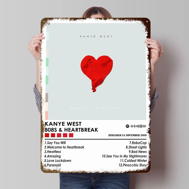Kanye West - 808s & Heartbreak Druckposter, personalisierte Retro-Wandkunst, Vintage-Metallschilder für Heimdekoration, Wohnaccessoires, Haus