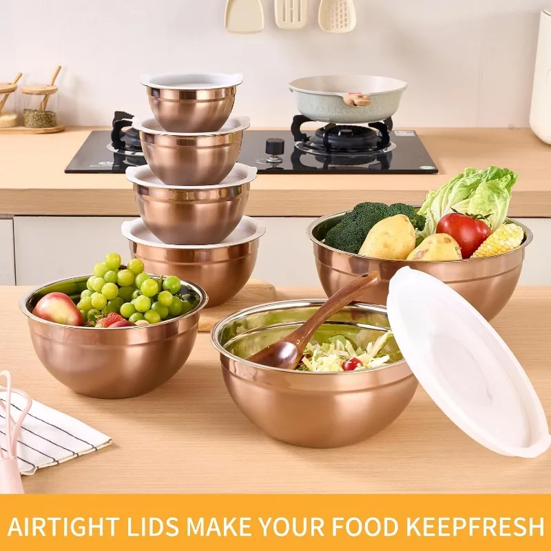 Rose Gold Mixing Bowls With Airtight Lids,Stainless Steel Bowl,Salad Bowls 7 Piece Colorful Nesting Bowl Rose Gold Kitchen