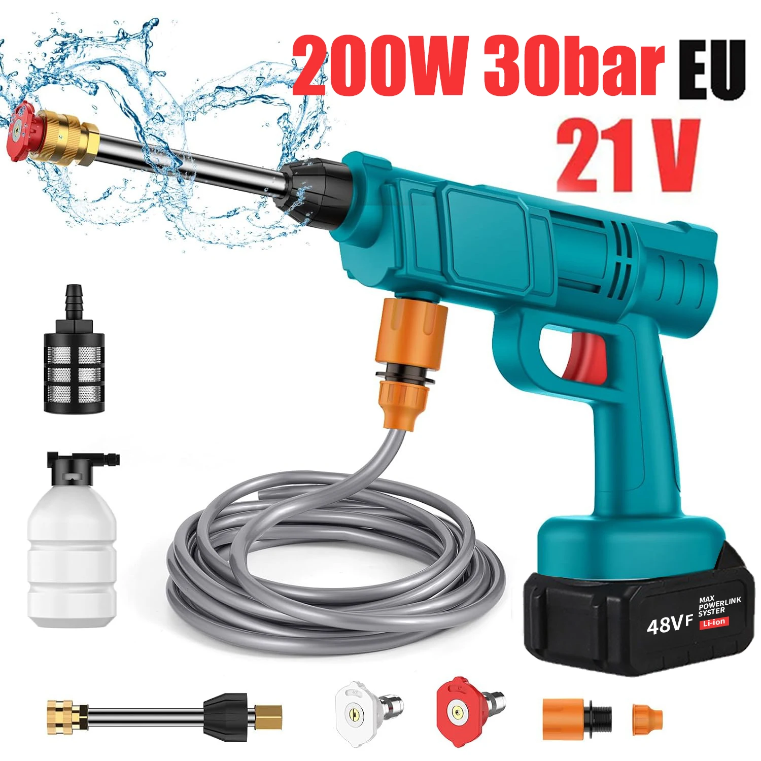 

200W 30bar Cordles High Pressure Car Washer Gun Foam Generator 21V 12000mah Wireless Car Washing Machine for Makita Battery