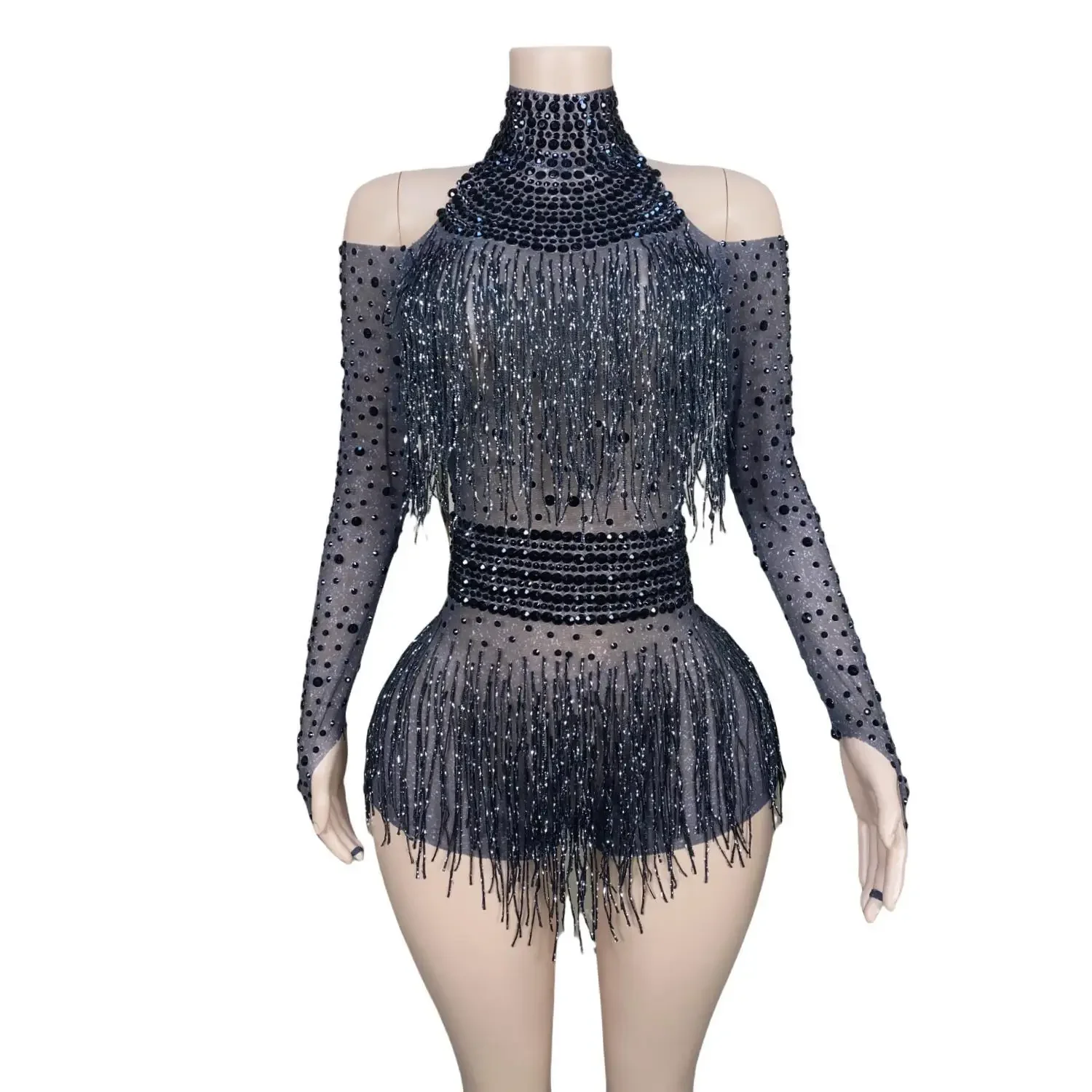 Sexy Rode Spandex Bodysuit Strass Lange Mouw Jumpsuits Kwastje Uitvoering Kostuums Feest Avond Bodycon Romper Hongdenglong