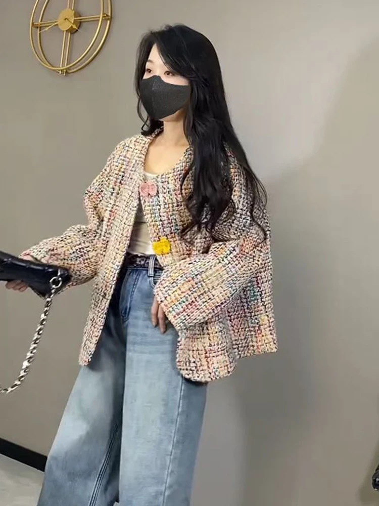 Jmprs Sweet Korean Tweed Jacket Women Vintage O Neck Long Sleeve Design Coat Slim Small Fragrance Fall Winter Elegant Lady Tops