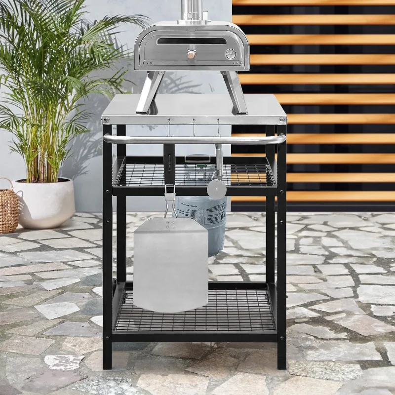 Stainless steel barbecue truck pizza oven stand trolley table with wheels three-layer movable work table