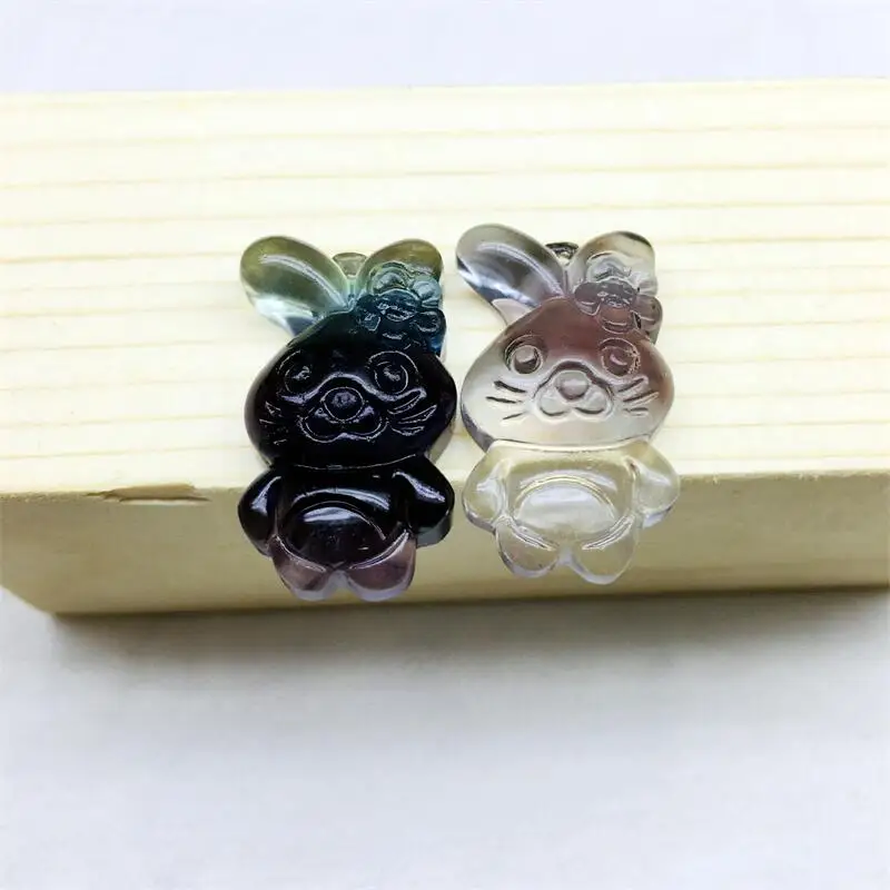 

5pcs Natural Stones Rainbow Fluorite Cartoon Rabbit Pendant Crystal Carving Gemstones Crafts Polished Necklace Female Gift