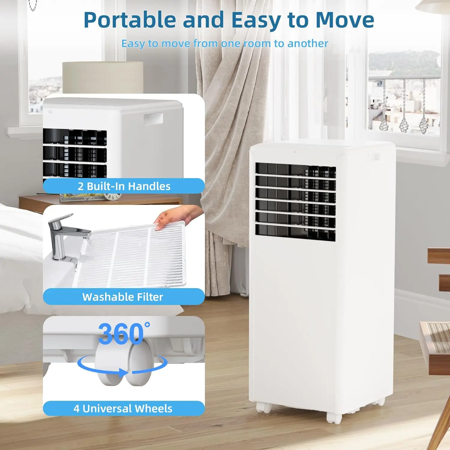 8.000 BTU-Klimaanlage mit integriertem Luftentfeuchter, AC-Einheit für Räume bis zu 350 Quadratfuß – Fernbedienung, Fenster-Set, 3 Lüftergeschwindigkeiten