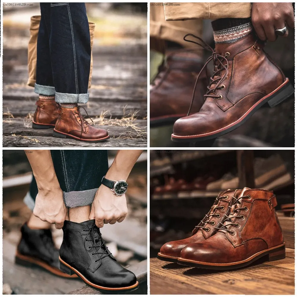 Autumn Winter Punk Street Style Motorcycle Footwear Chunky Botines Cosplay Lace Up Shoes Men Retro Round Toe Ankle Boots