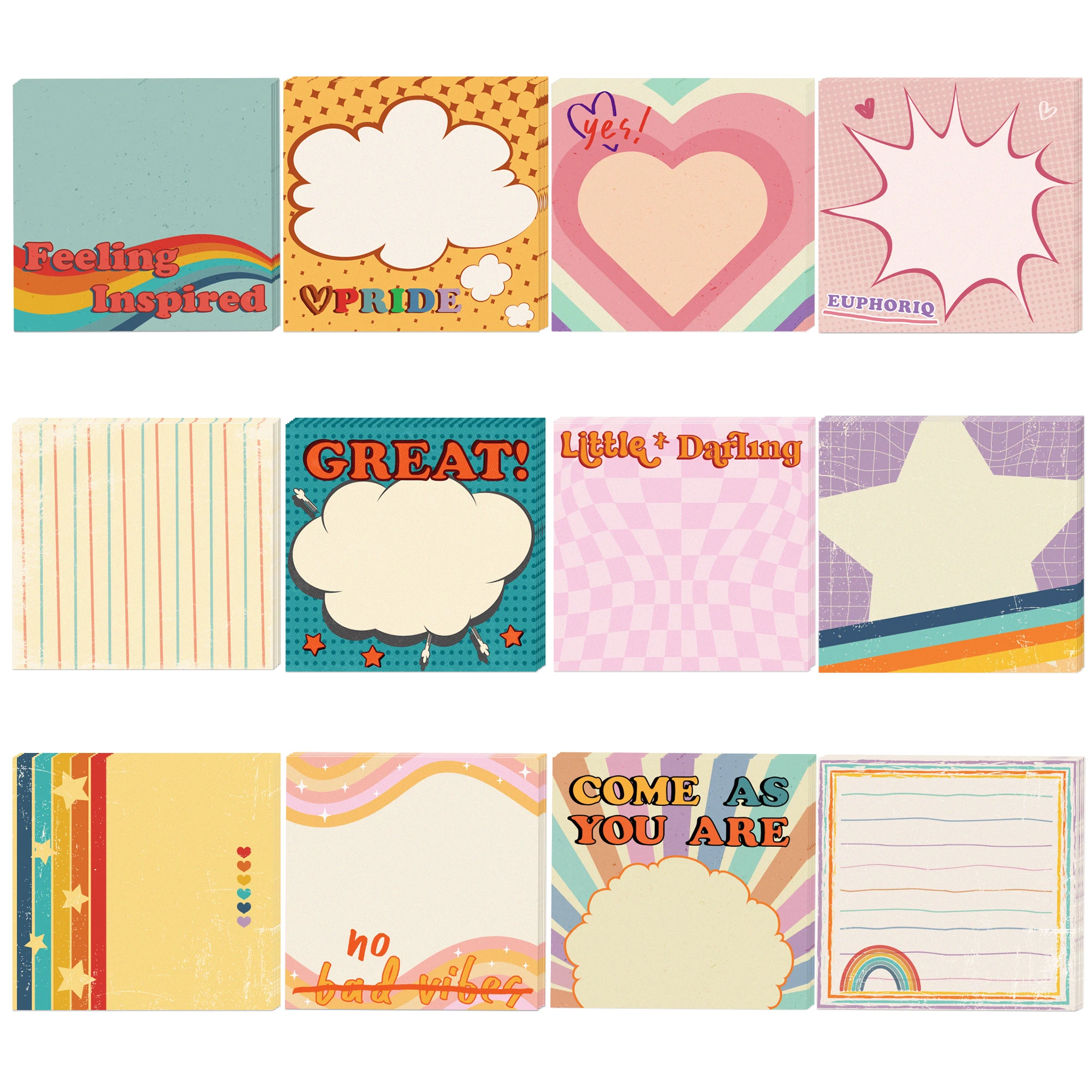 12/24/36 Stück Retro Hippie Haftnotizen-Set, Selbstklebende Notizblöcke, Schreib-Memoblöcke für Büro, Zuhause, Kinder-Geschenke und Bürobedarf