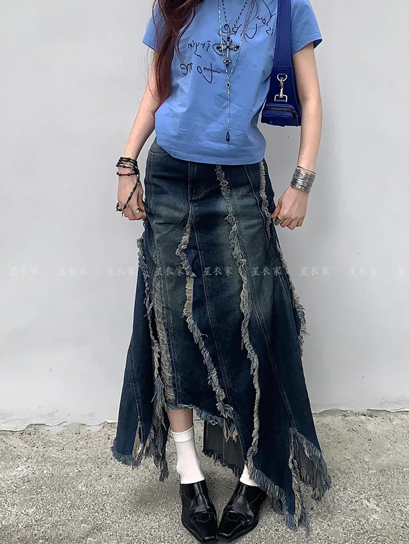 Women Denim Long Skirt Harajuku Y2k 2000s Vintage Skirts 90s Aesthetic Streetwear Fashion Korean Style A-Line Jean Skirt Clothes