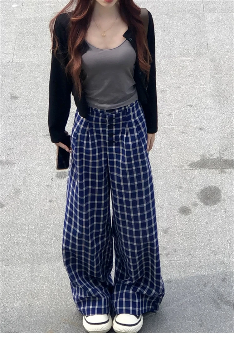 Autumn Plaid Wide Leg Pants Trousers Baggy Streetwear 90s Aesthetic Harajuku 2000s Y2k Pants Elegant Vintage Trousers 2024