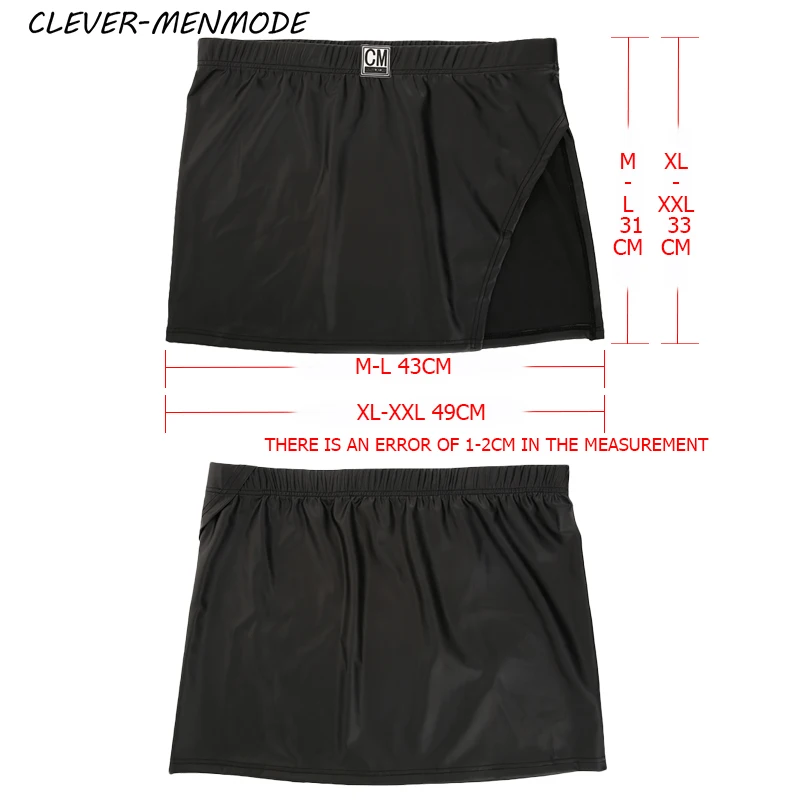 Sexy PU Side Opening Skirt Men\'s Faux Leather Boxer Shorts Elasticity Fashion Mini Slit Skirt Soft Leather Erotic Lingerie