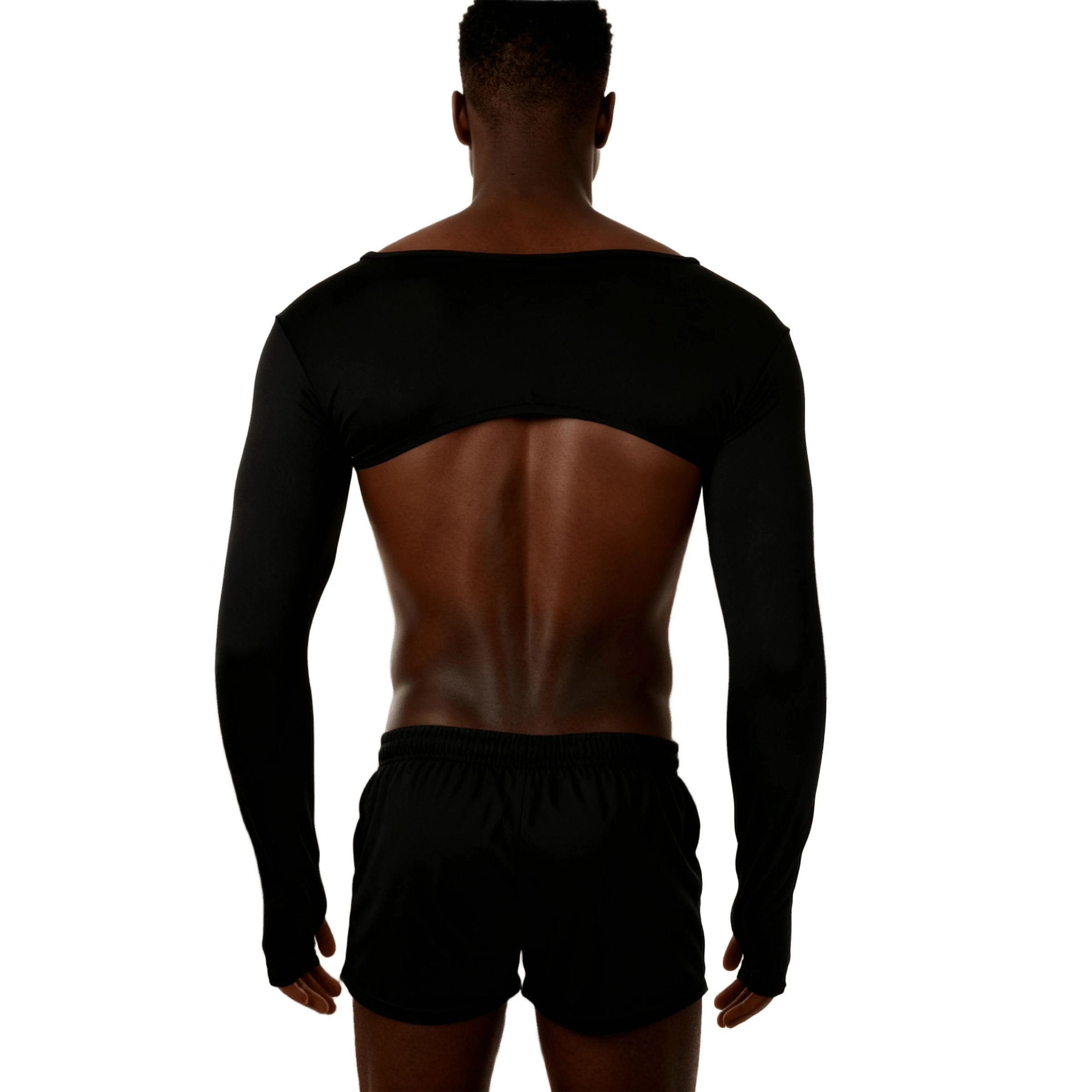 

Black Ice Silk Long Sleeves Crop Top Sexy Long Sleeve Thumb Ring Cropped Shirt Hot Men Shoulder Cover Up Mini Shirt Erotic Tops