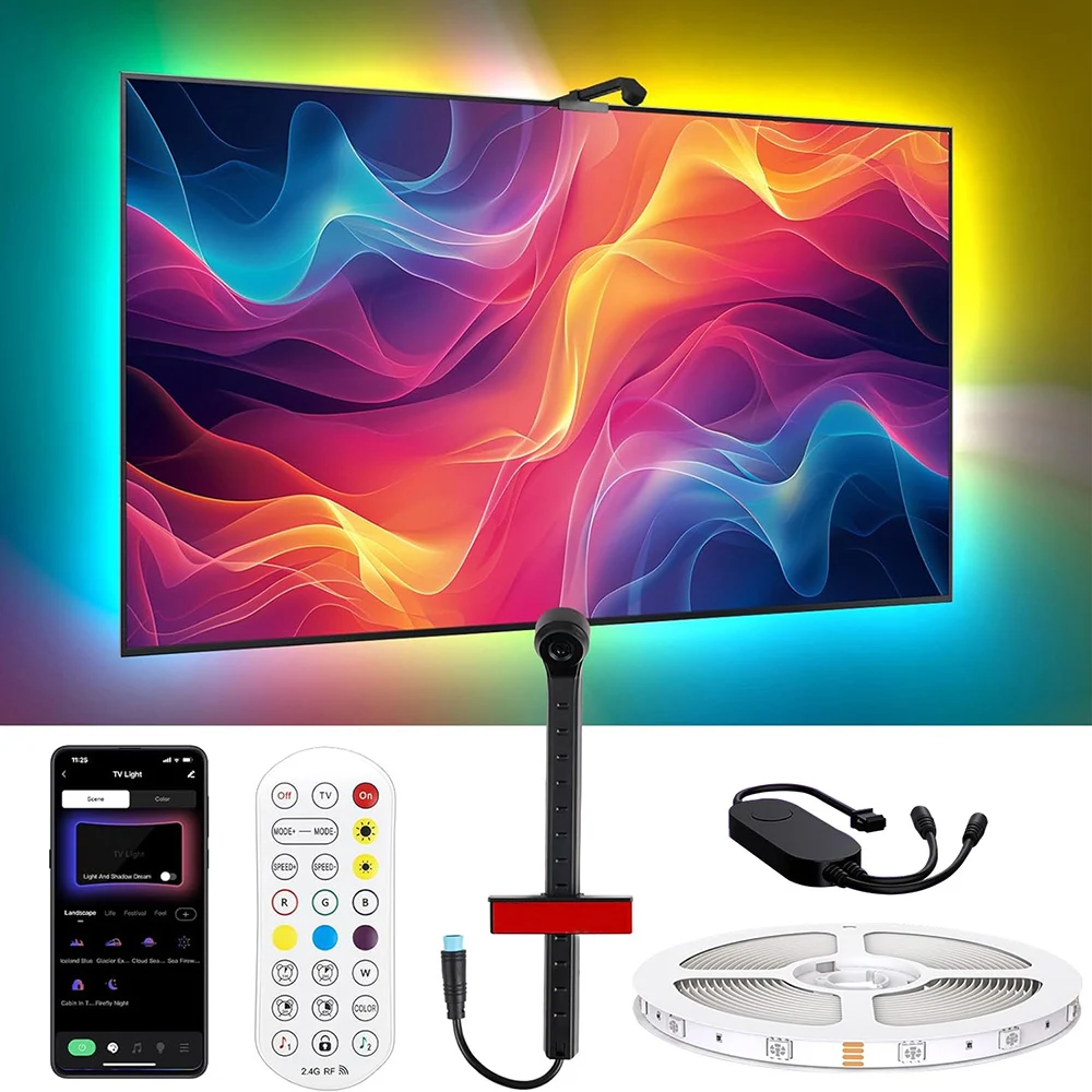 Smart TV Backlight RGB Strip Lights 16.4 ft Music Sync 12 scene modes APP Remote Control RGBIC USB Led TV Lights with Cameras