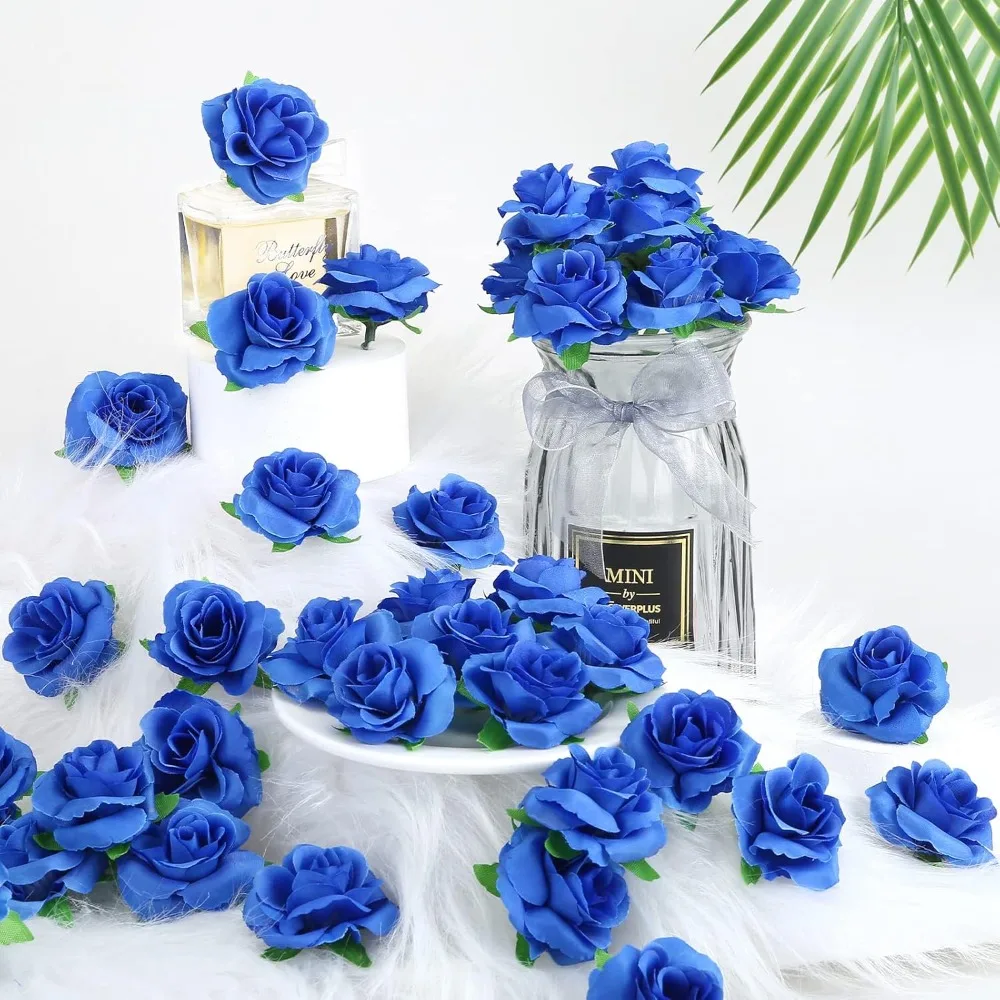 50 قطعة من الزهور الاصطناعية بالورود الزرقاء الملكية من Kesoto، رؤوس زهور صناعية من الحرير مقاس 1.6 بوصة للزينة والحرف اليدوية وحفلات الزفاف #6
