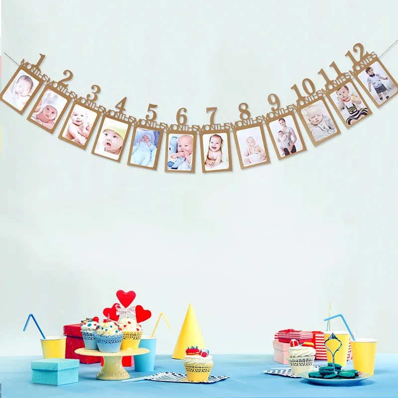 1st Birthday Baby Photo Banner Growth Record 1-12 Month Photo Prop Monthly Milestone Photograph Bunting for First Birthday Celeb