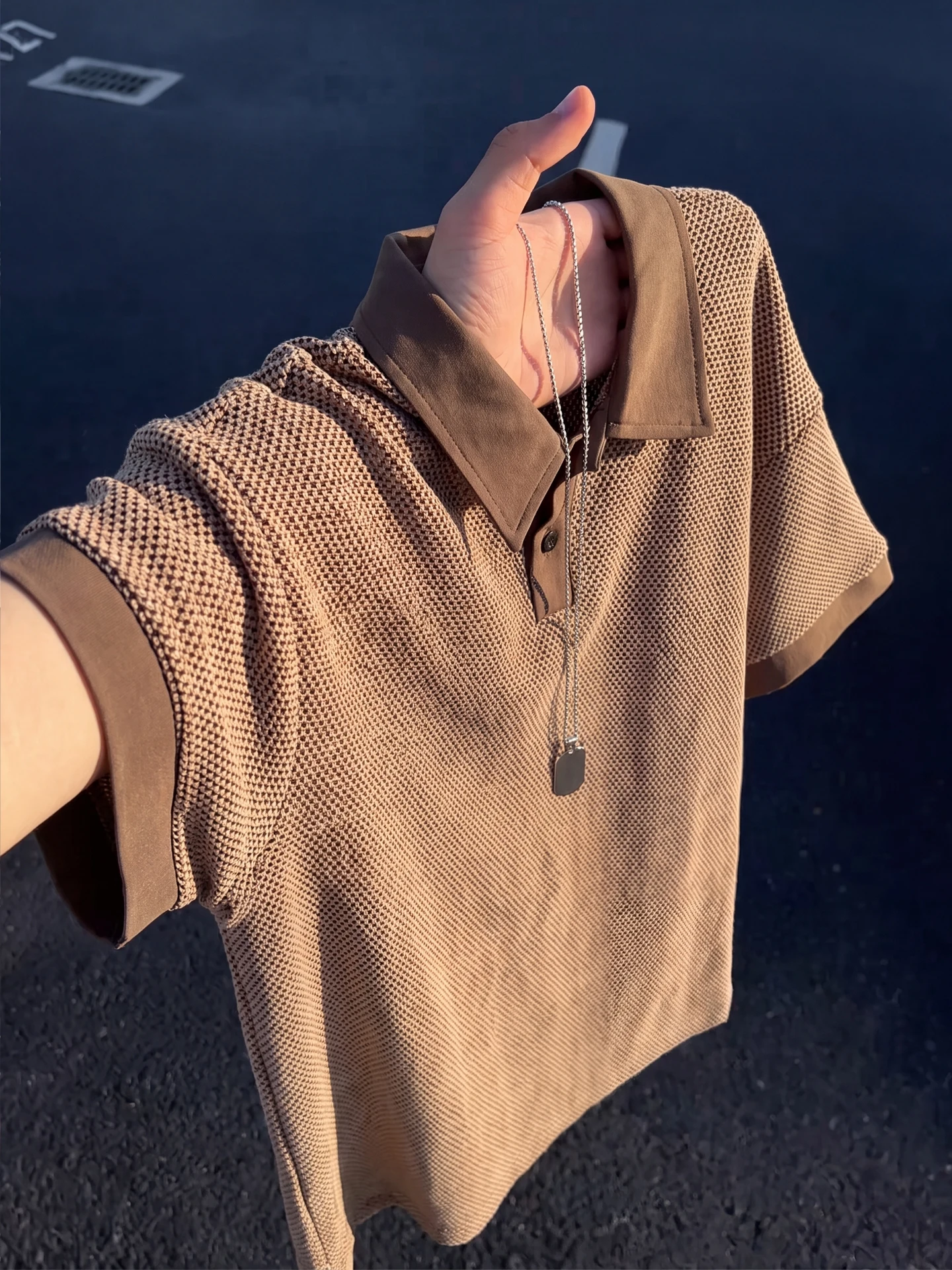 Dragon Scale Texture Short Sleeve  Shirt Men's Summer Breathable T-Shirt American Style Shoulder Flip Collar Half Sleeve