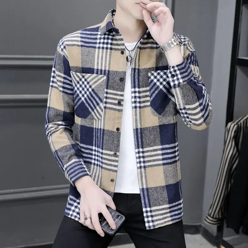 

Men's Dress Shirt 2023 Plaid Men's Long Sleeve Chest Pocket Embellished Fashion Top Underwear T Shirt for MenHigh Quality