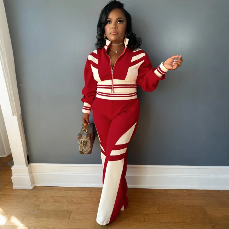 Spring Autumn Fashion Color Blocked Women's Two Piece Set Foreign Style Short Jacket Coat+Wide Leg Pants Suit Lady Office Outfit