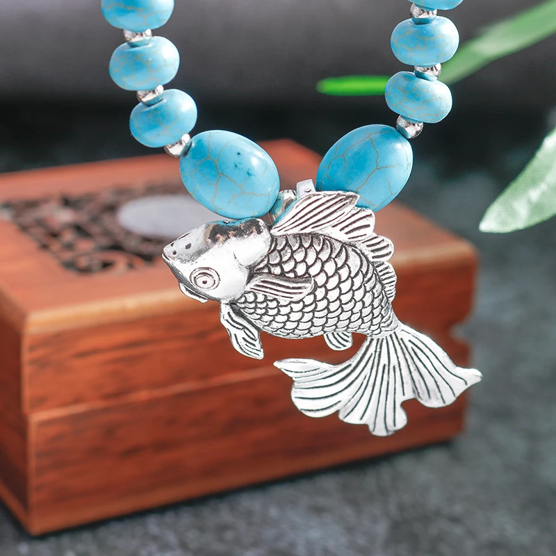 Bohemian Fish Necklace for Women Ethnic Turquoise Natural Stone Pendants Necklace Girls Party Holiday Jewelry Gifts