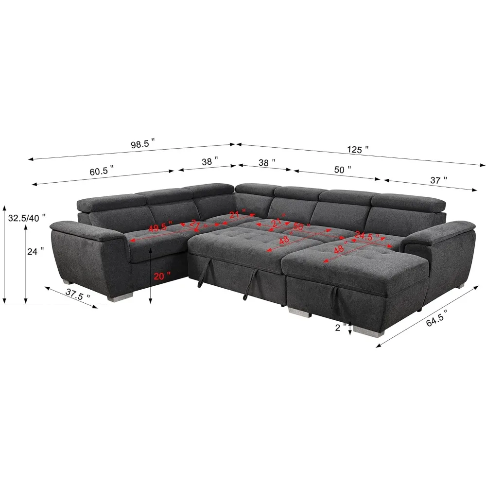 125'' U Shaped Sectional Sleeper Sofa with Pull Out Bed, Storage Chaise Lounge, and Adjustable Headrest, U Shaped Sectional