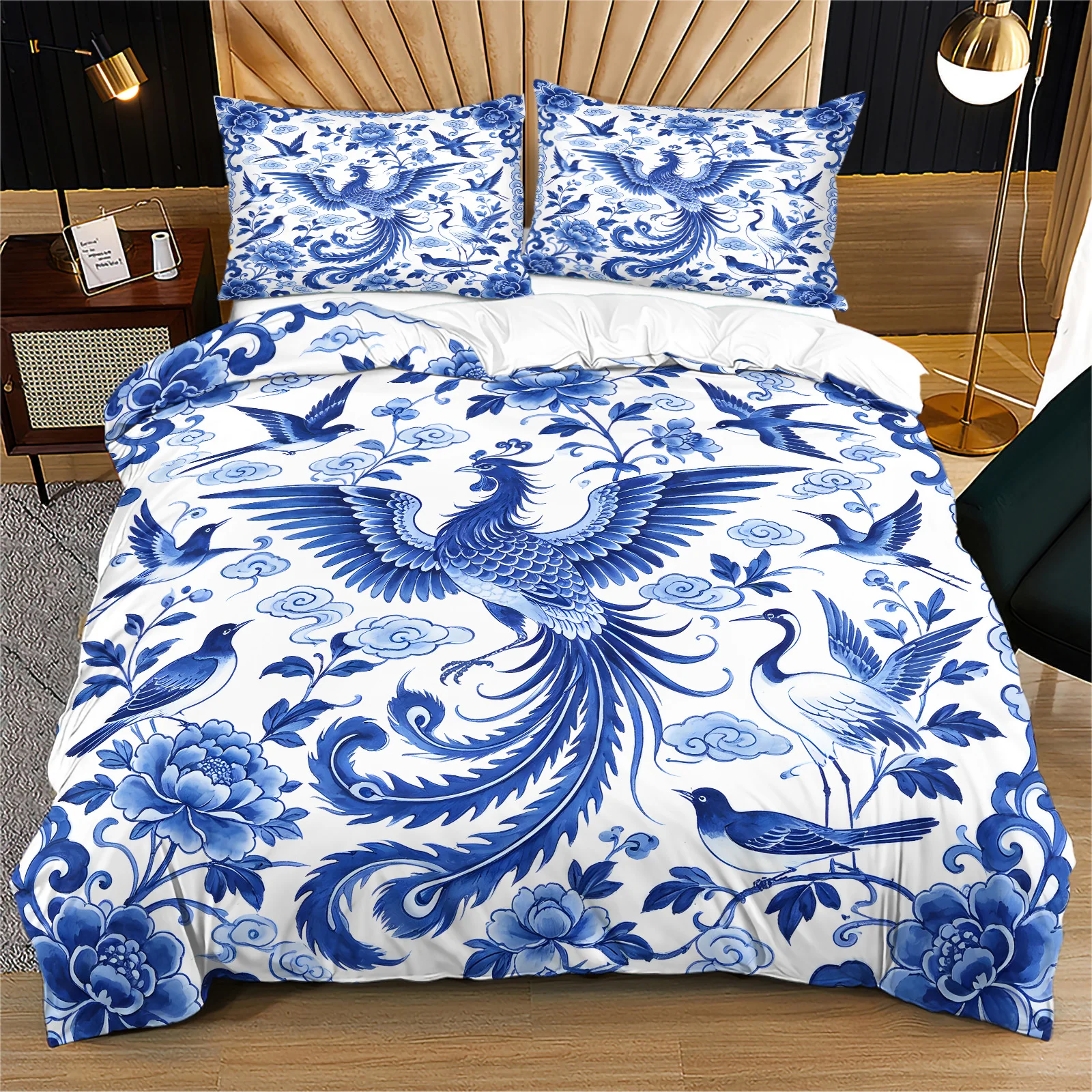 Oriental Phoenix Duvet Cover Set Blue White Porcelain Floral Birds Print Bedding Set Soft Breathable Polyester Quilt Cover Decor