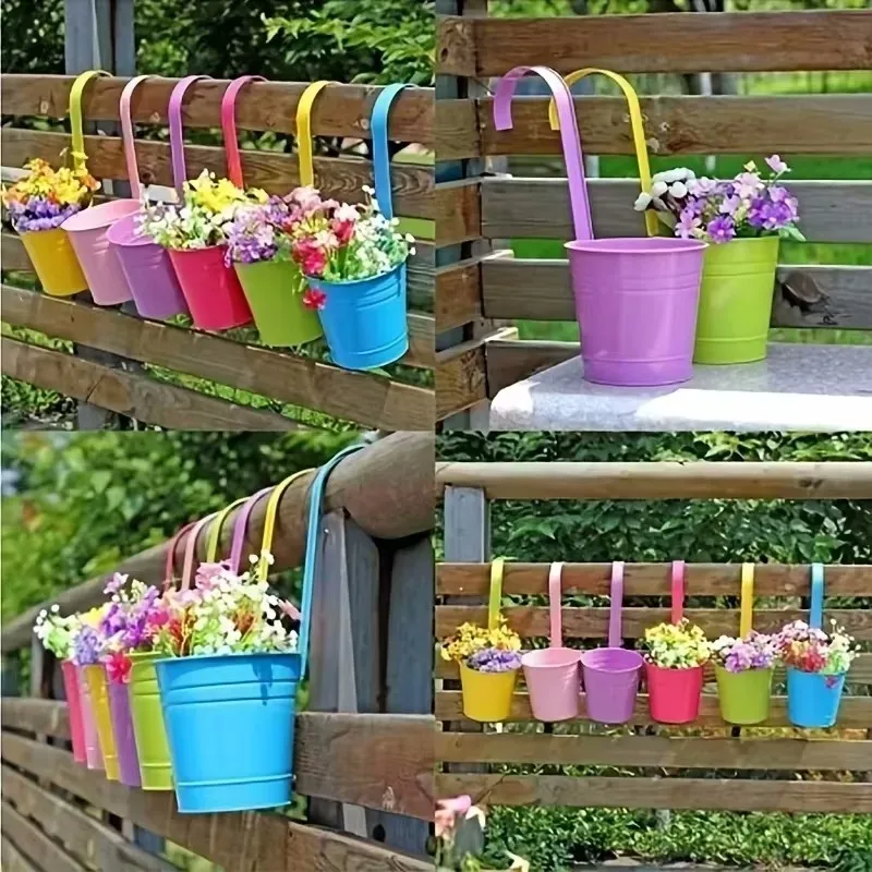 10pcs/set Iron Pastoral Balcony Pots Planters Wall Hanging Metal Bucket Flower Holder Vase Flower Pot Garden Decoration Supplies